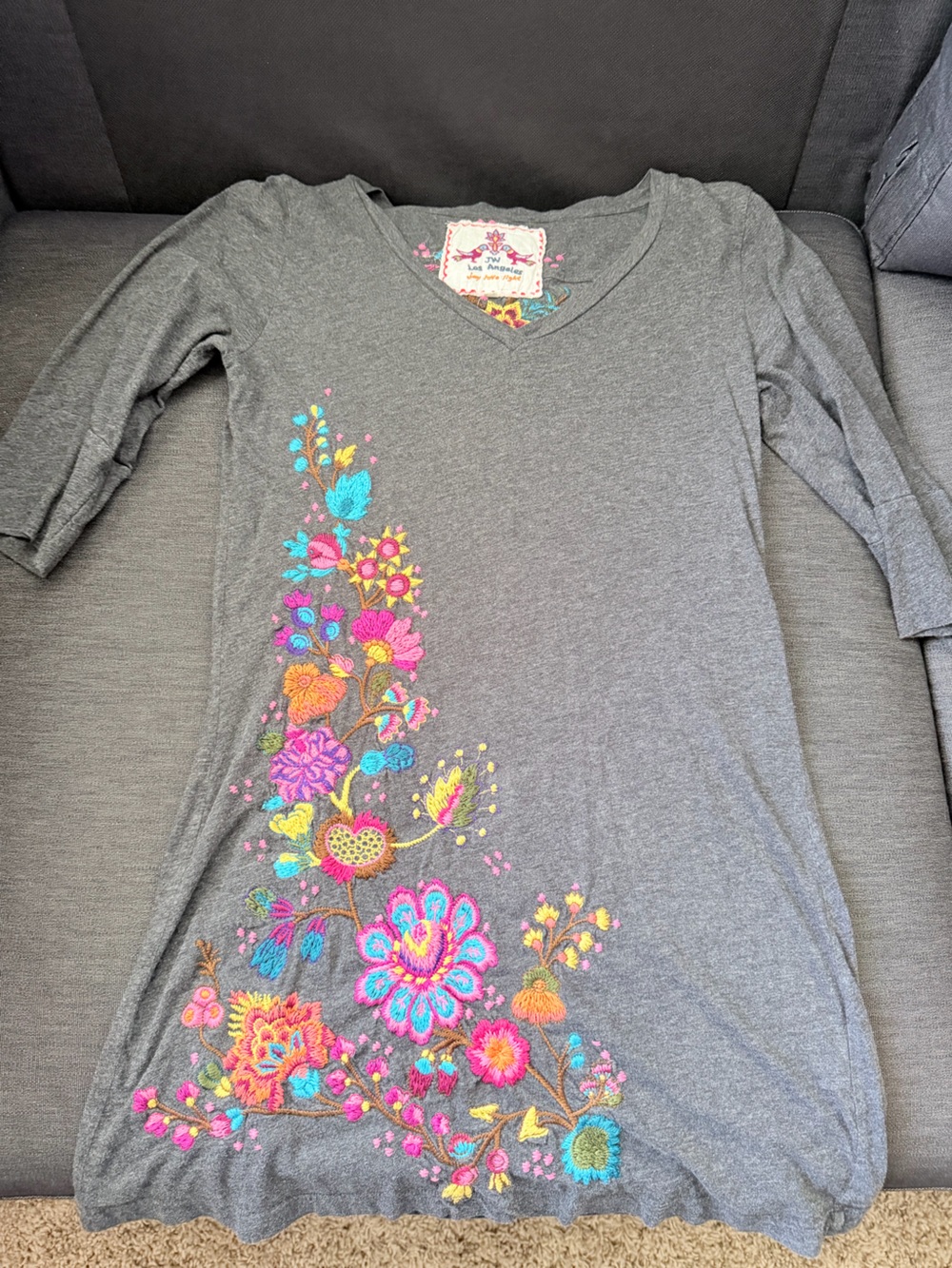 Johnny Was Charcoal Gray V-Neck Tunic with Bright Floral Embroidery